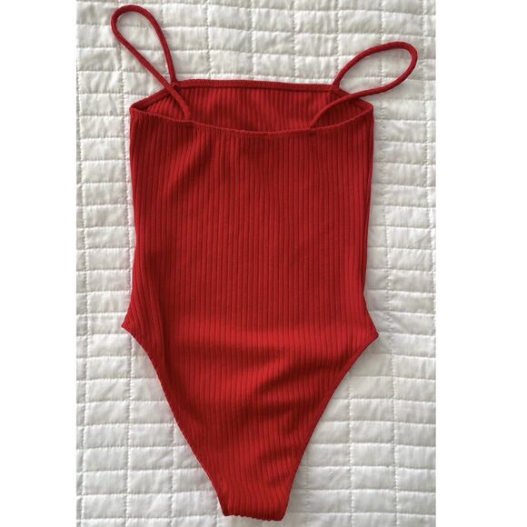 Topshop Red Ribbed Knit Bodysuit Snap Crotch Square Neck Boho Festival Womens 4 - Picture 3 of 9